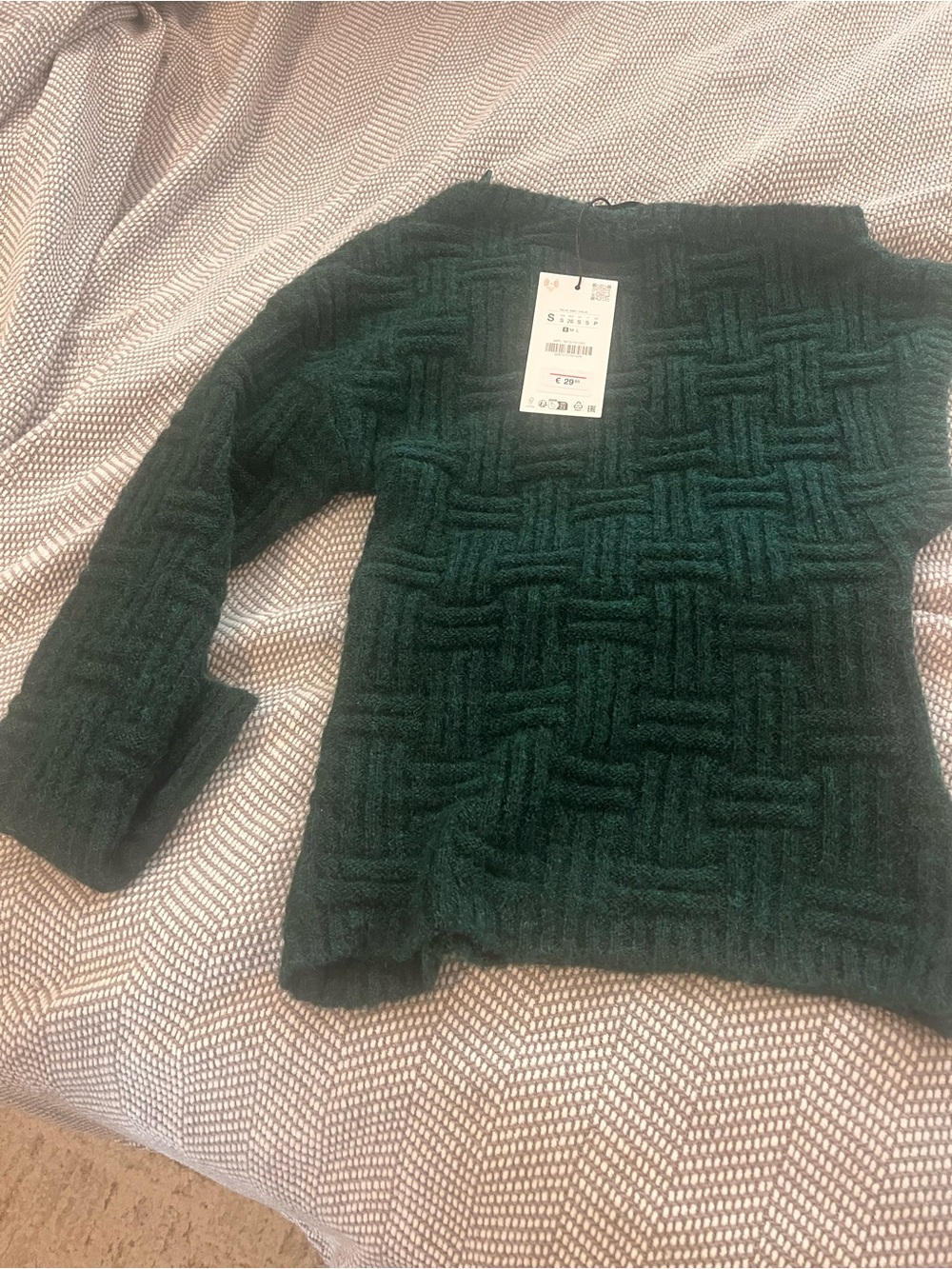 Zara Dark Green Off-the-Shoulder Textured Sweater